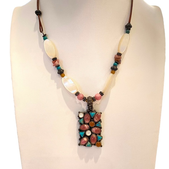 Barse sterling necklace w gemstones MOP mother of pearl Turqoise 925 silver 7" - Picture 1 of 16